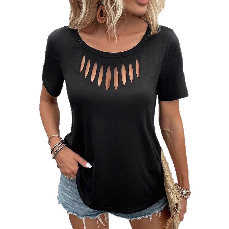 Women's Solid Color Casual Fashion Chest Hollow Women's T-shirt