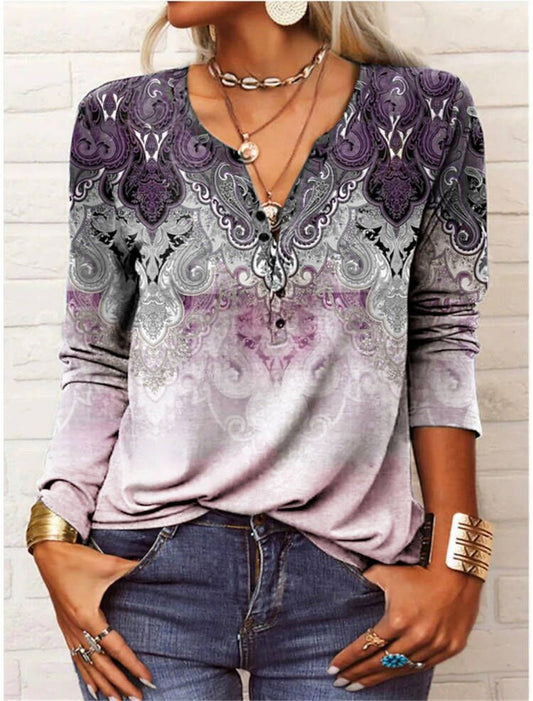 Popular Women's Long-sleeved Printed Ethnic Fashion Women's T-shirt