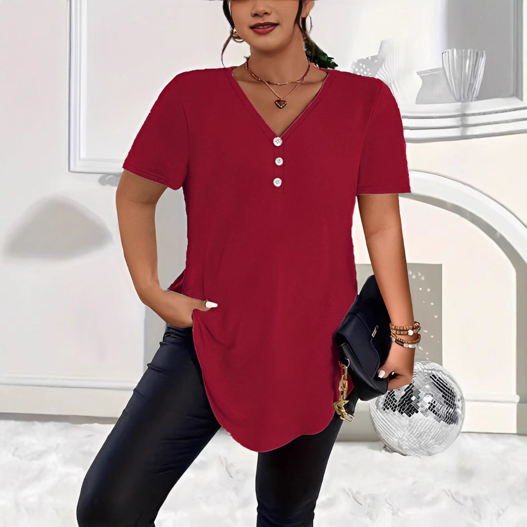 Women's Spring Fashion Solid Color Button Sleeve Women's T-shirt