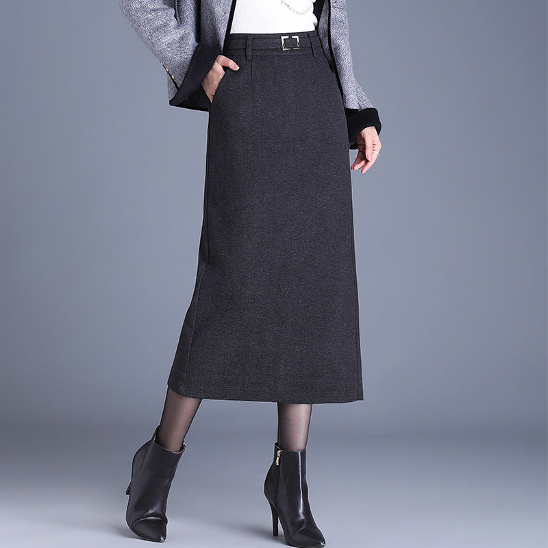 Women's Elegant Woolen Straight High Waist Commuting Figure Flattering Sheath Mid-length Skirt