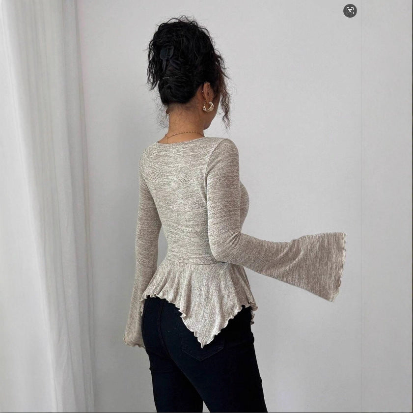 Women's Style Hem Flare Sleeve Ruffled Decoration Fashionable Elegant Romantic Vacation Women's T-shirt