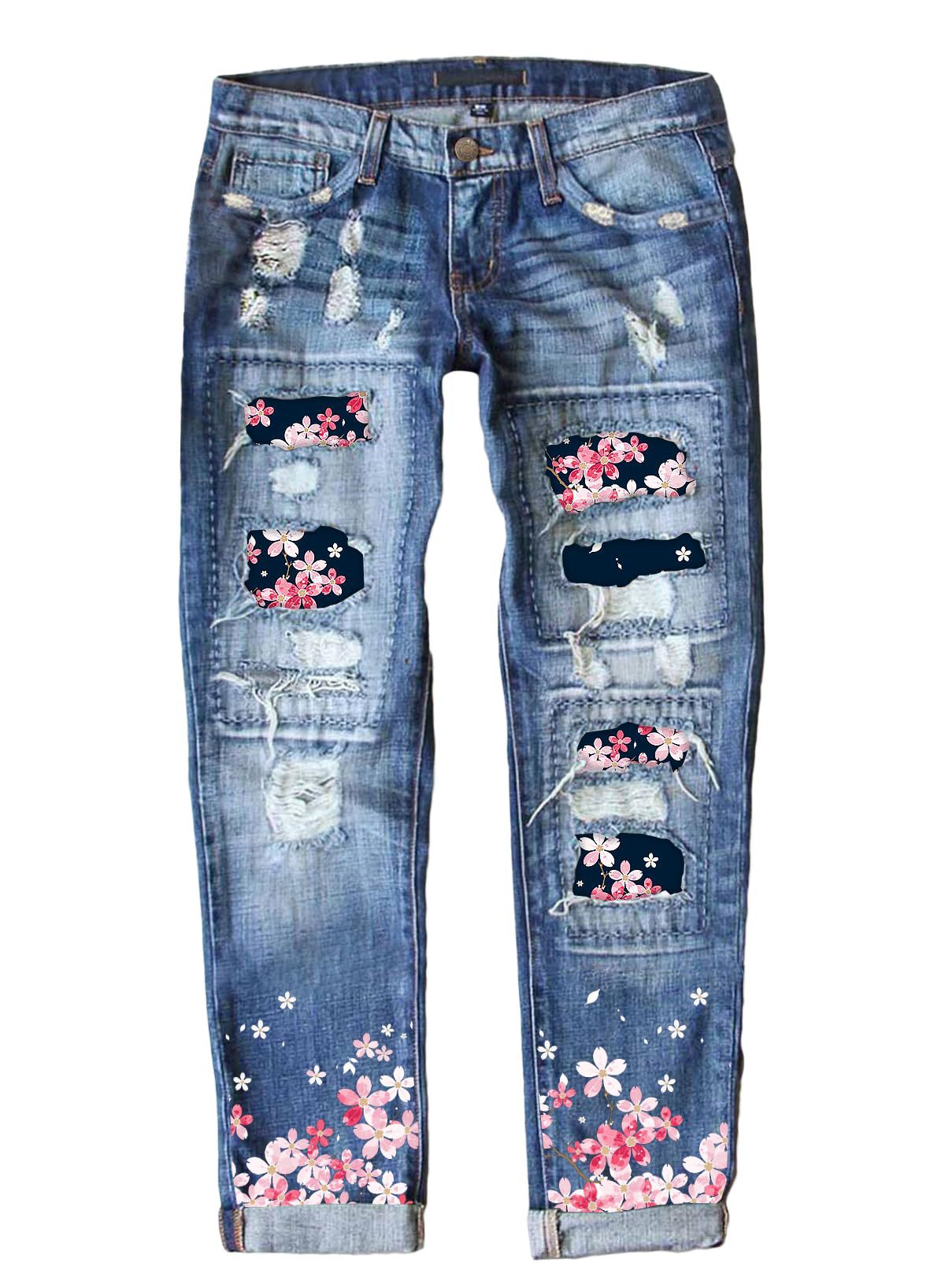 Women's Fashion Holes Printed Patch Straight Jeans