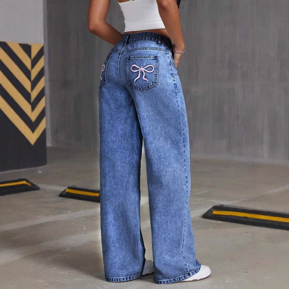 Women's Bow Embroidered Sweet Spicy Style High Waist Straight Women's Jeans