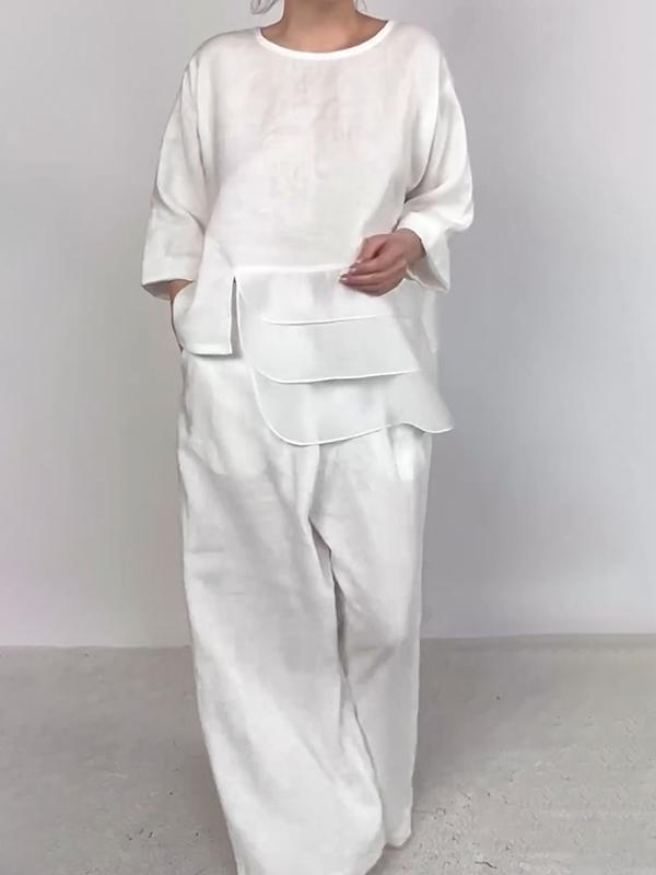Neck Satin Layered Design Wide Leg Blouses