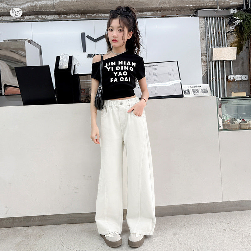 Children's Cotton Summer Medium Large White Narrow Leather Tag Stitching Children's Pants