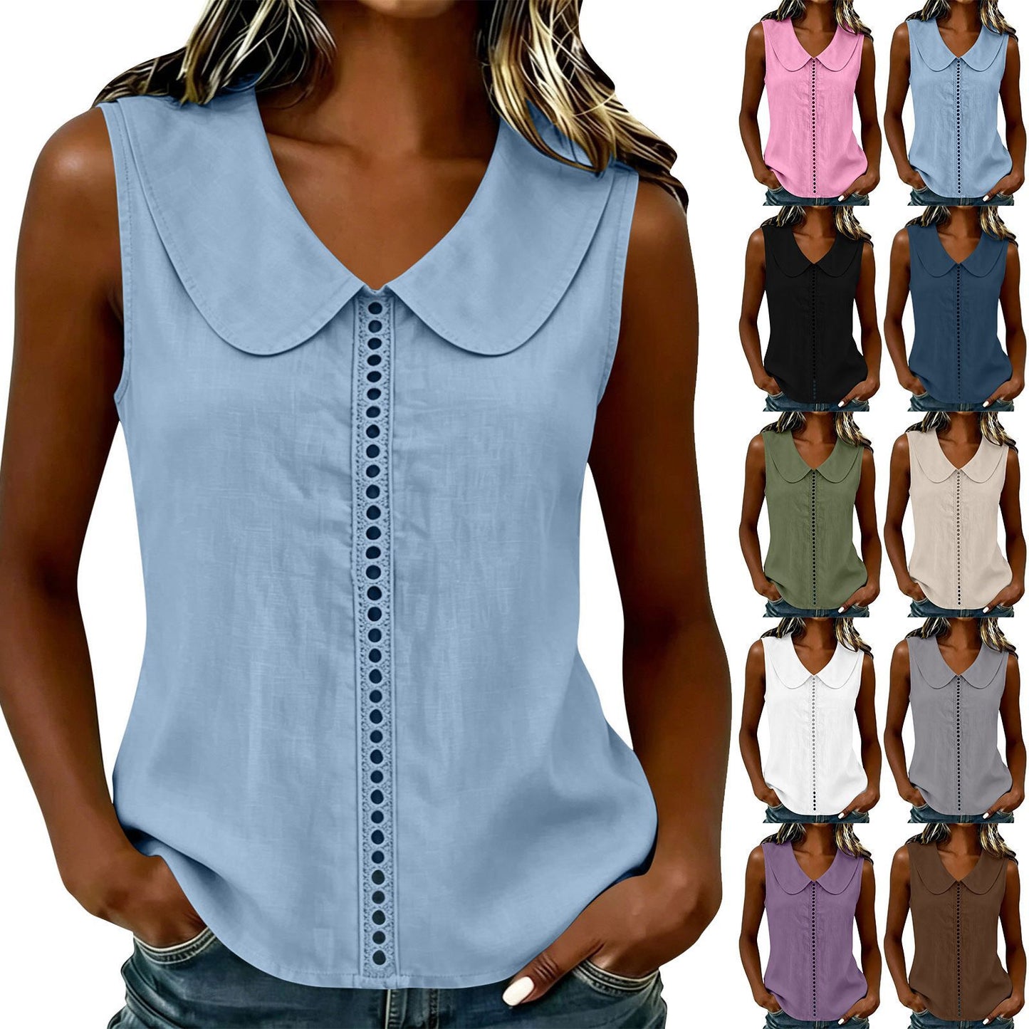 Summer Loose Lapel Lace Stitching Casual Sleeveless Small Vest/suspenders/tube Top