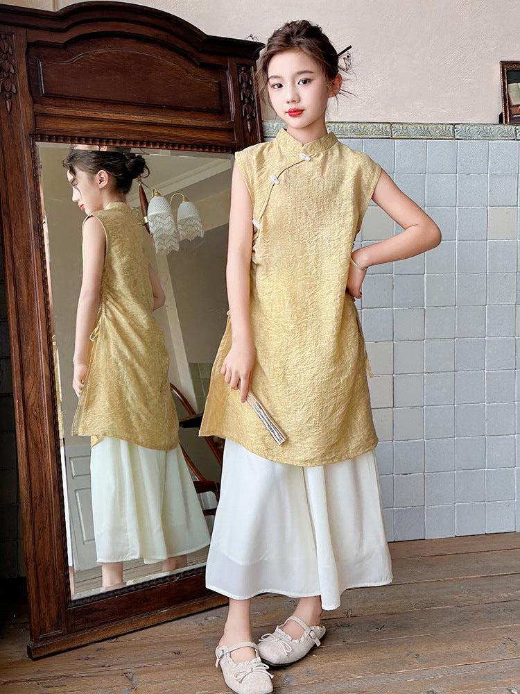 Children's Suits Summer National Sleeveless Cheongsam Dress Children's Suit
