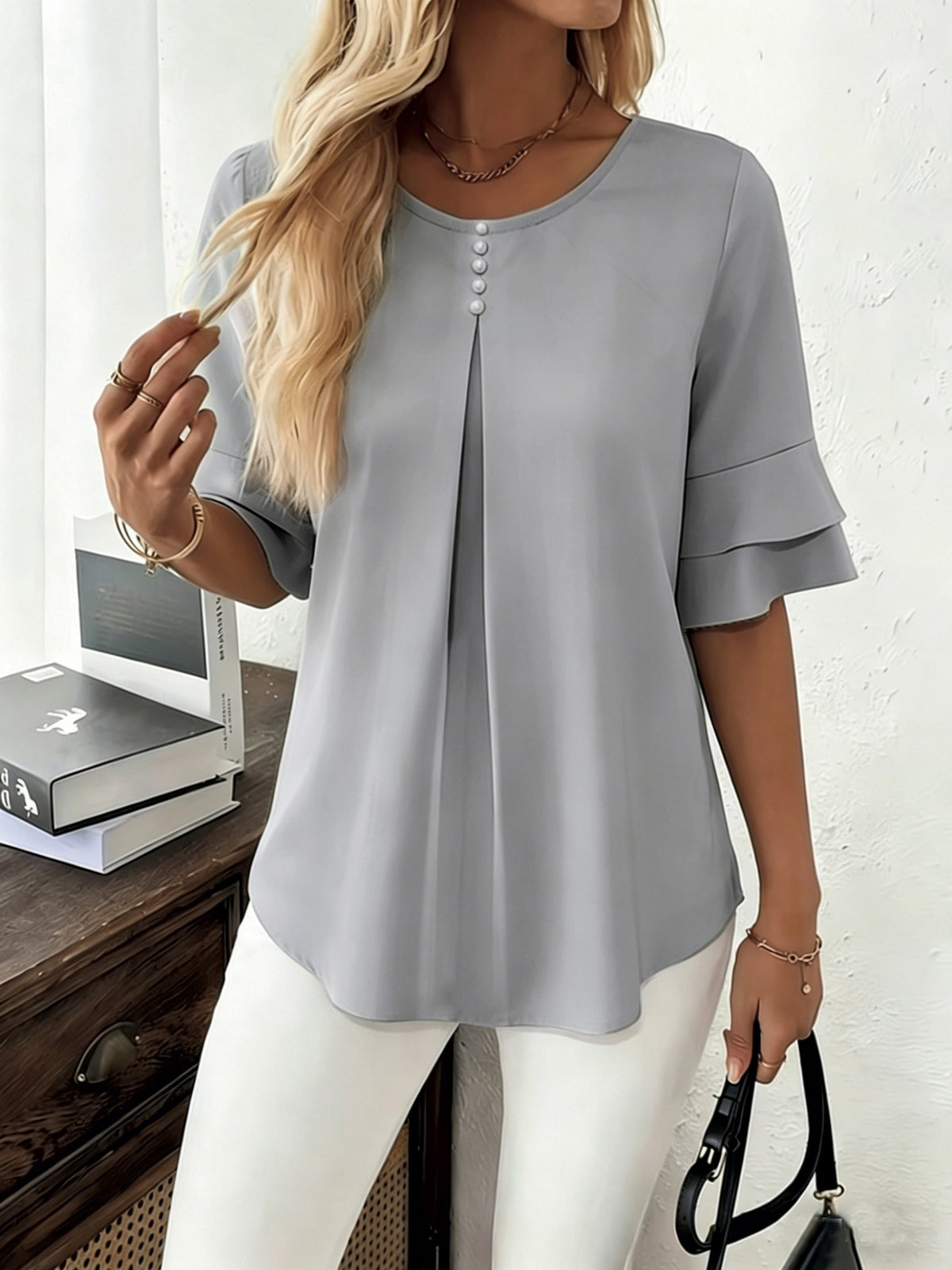 Women's Casual Comfortable Loose Slimming Double Layer Ruffled Blouse