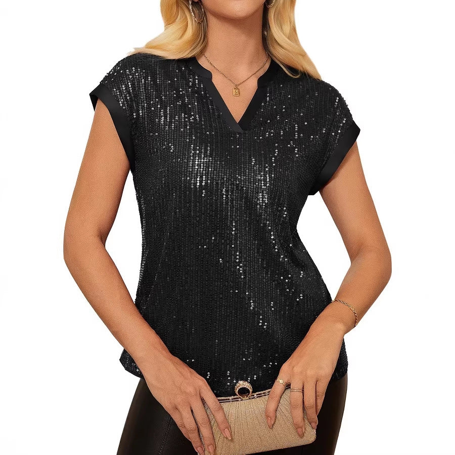 Unique Women's Fashionable Sequins Sleeve Party Lace Shirt, Chiffon Shirt