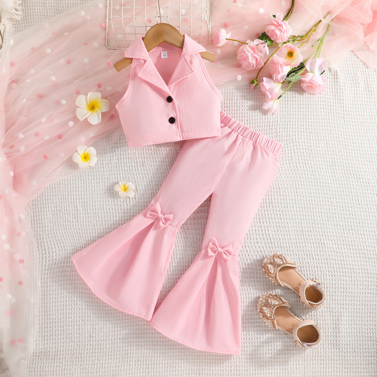 Sleeveless Short Top Solid Color Bow Flared Pants Two-piece Children's Suit