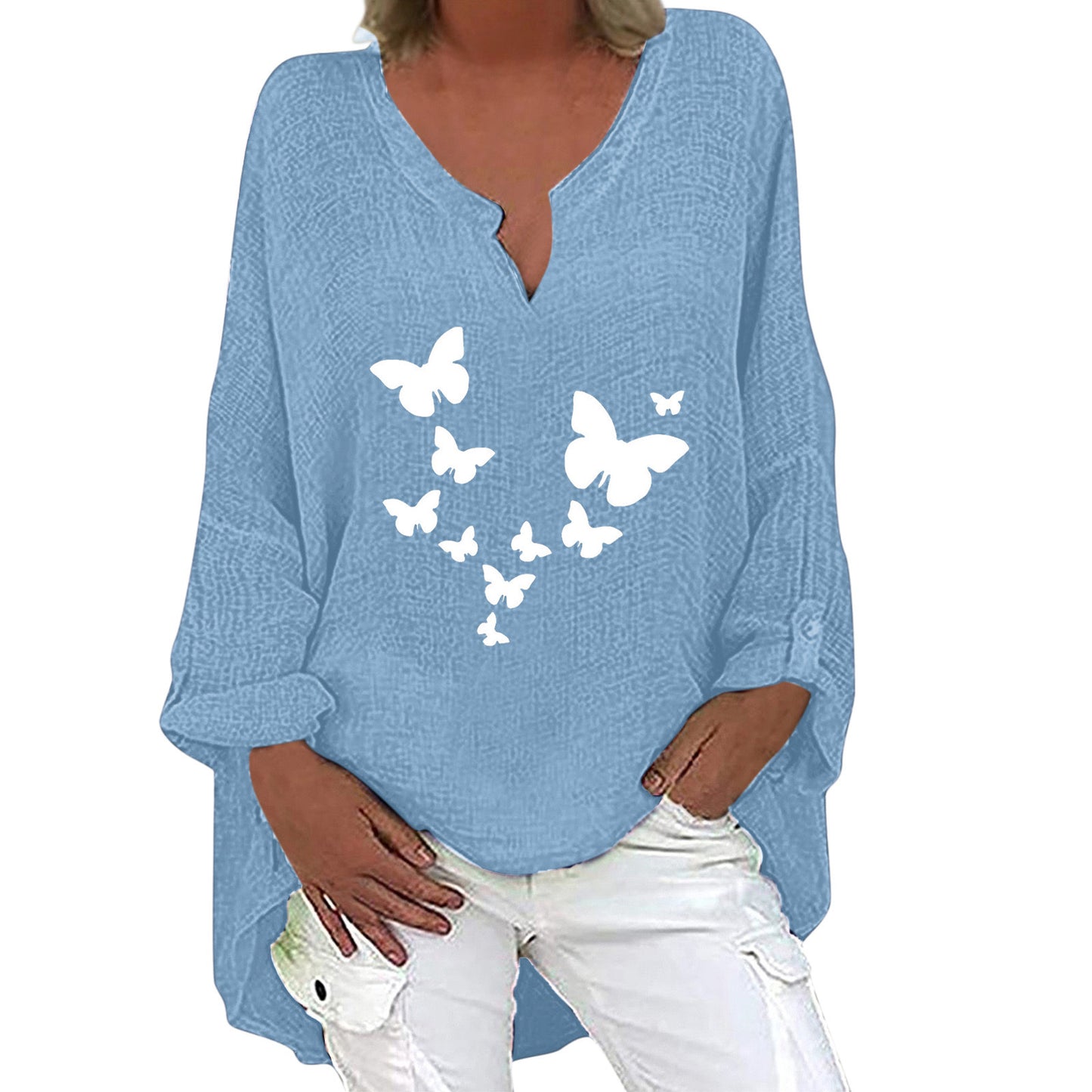 Women's Group Printed Collar Cotton Linen Long-sleeved Shirt Tops