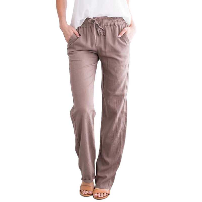 Women's Solid Color Cotton Linen Drawstring Loose Casual Pants