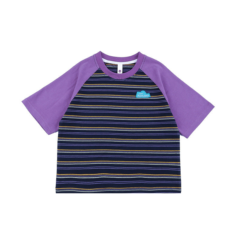 Children's Striped Short-sleeved Summer Boys Contrast Color Raglan Sleeve Cotton Children's T-shirt