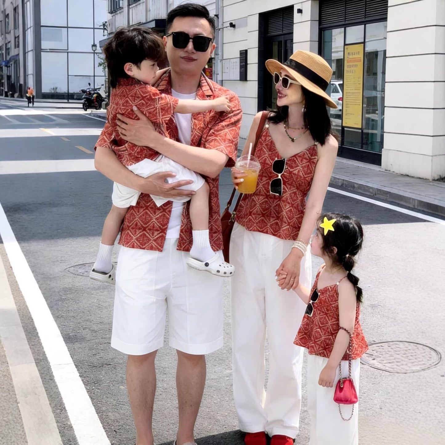 Suit Family Of Three Red Small Floral Shirt Dress Seaside Parent-child Outfit
