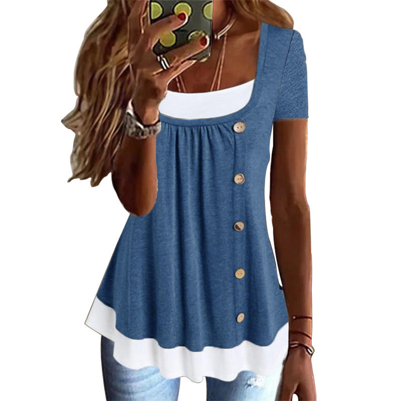 Women's Summer Round Neck Loose Pleated Button Two-piece Women's T-shirt