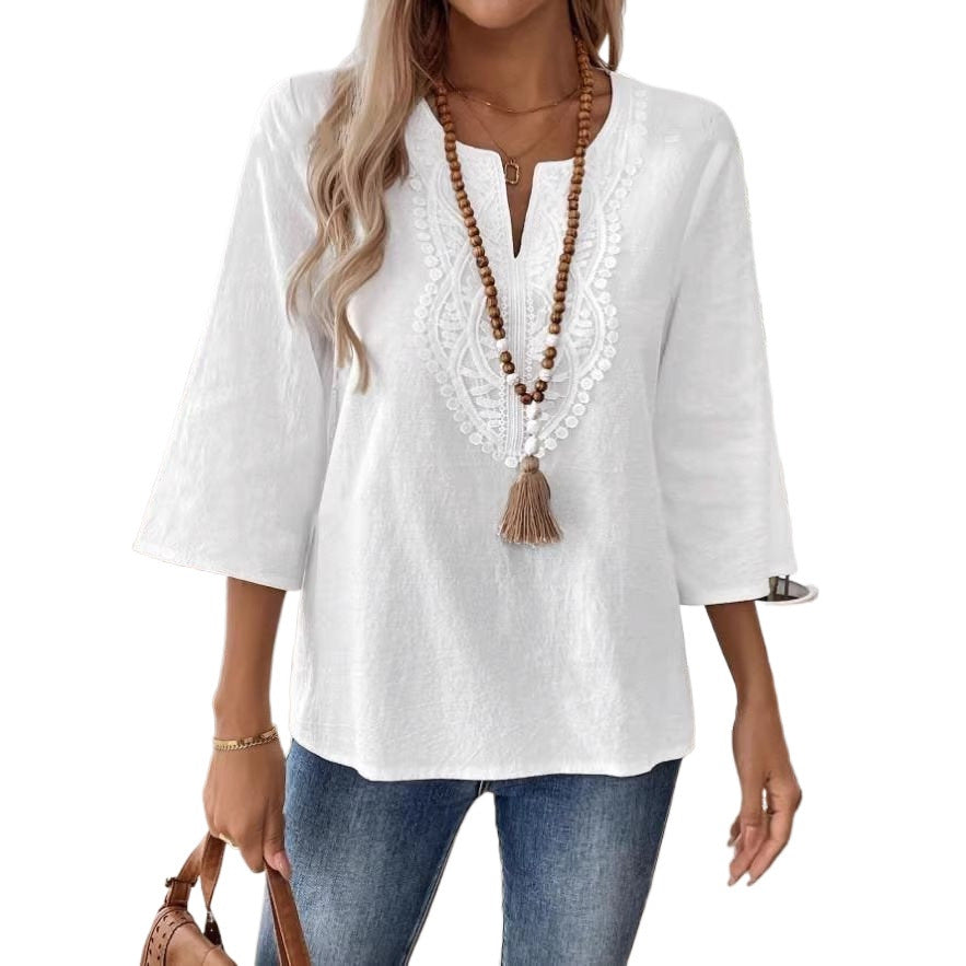 Women's Shirt Lace Trim Solid Color White Blue Blouse