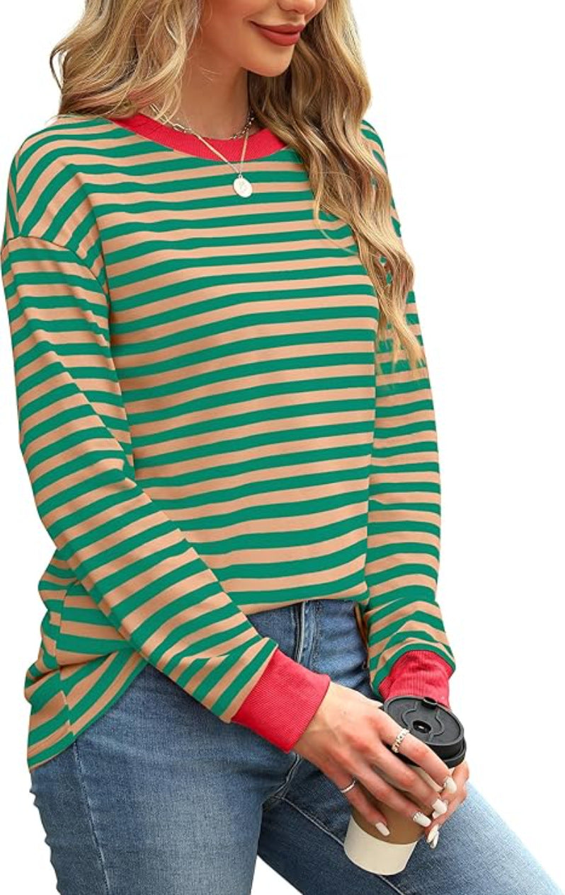Women's Fashion Color Contrast Loose Round Neck Women's T-shirt