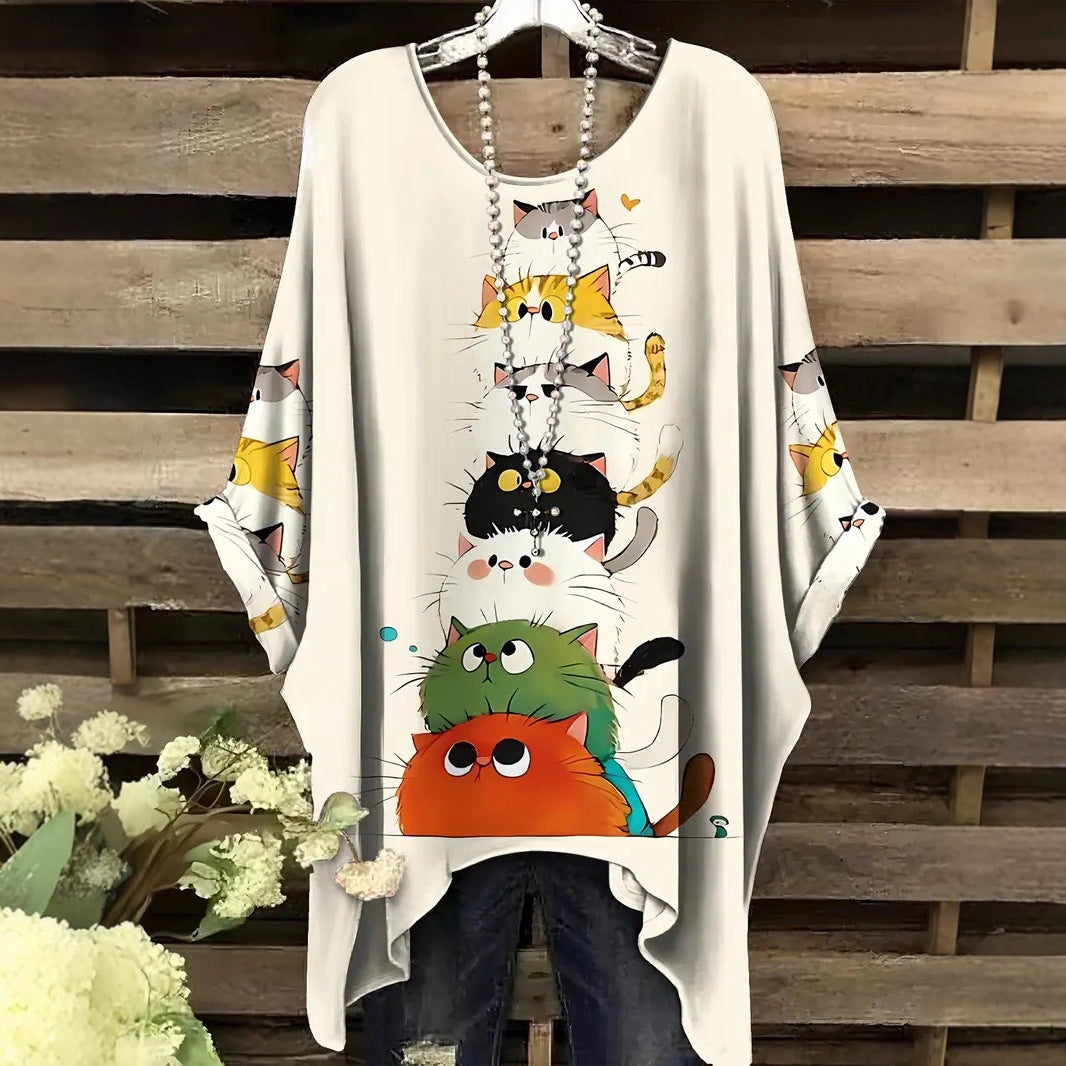 Women's Extra Cartoon Printed Round Neck Summer Large Size T-shirt