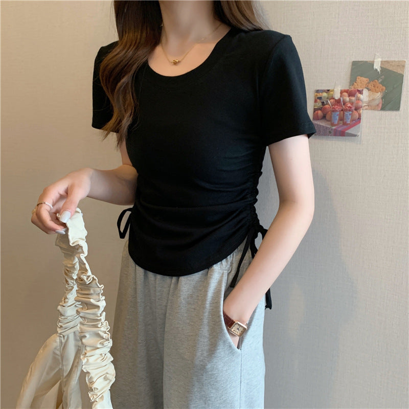 Women's Neck Drawstring Slimming Short-sleeved Design Sense Korean Slim Bottoming Shirt Women's T-shirt