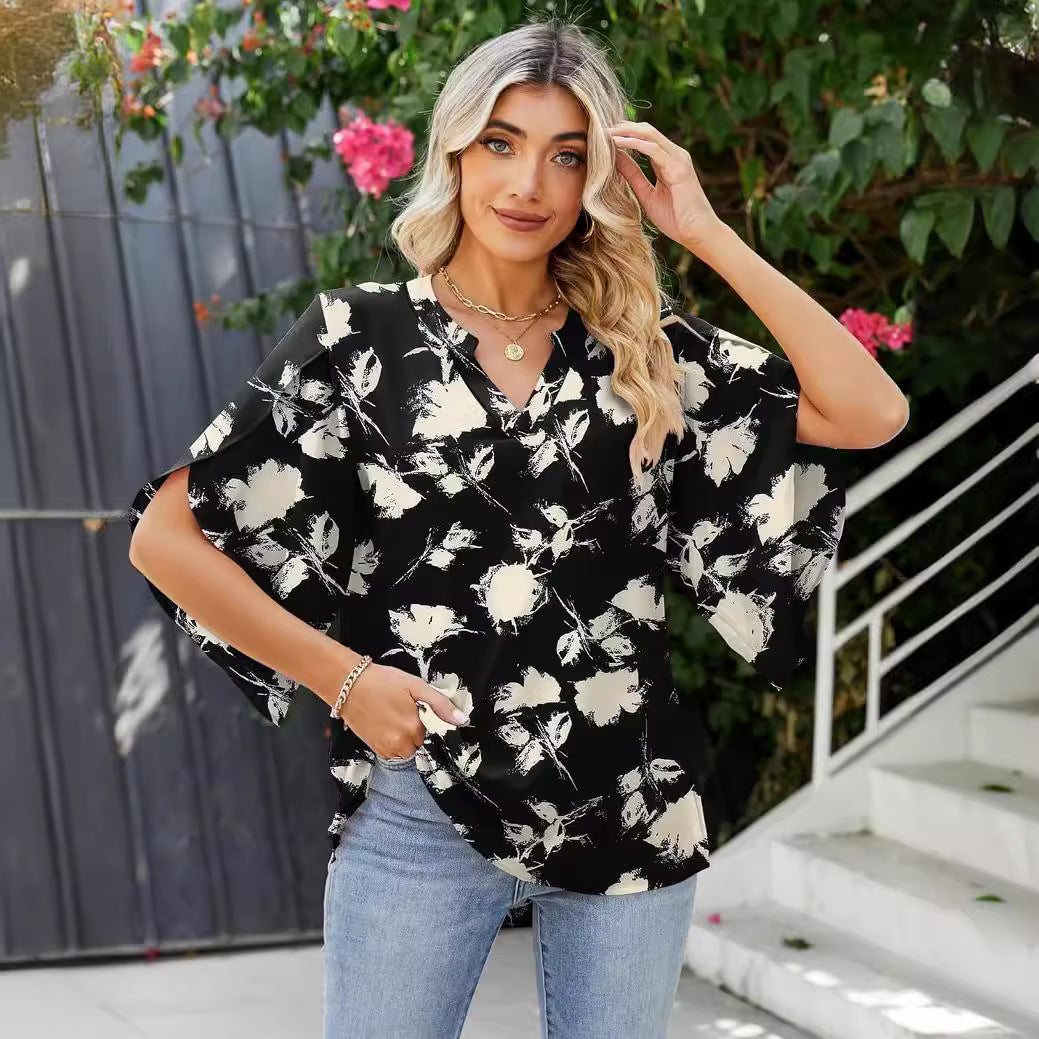 Glamorous Women's Printed Loose Petal Sleeve Lace Shirt, Chiffon Shirt