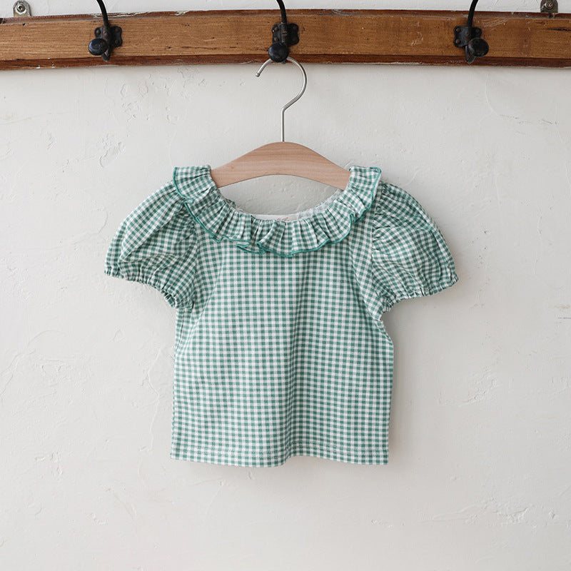 Summer Strawberry Shan Sweet Lady Plaid Round Neck Short Children's T-shirt