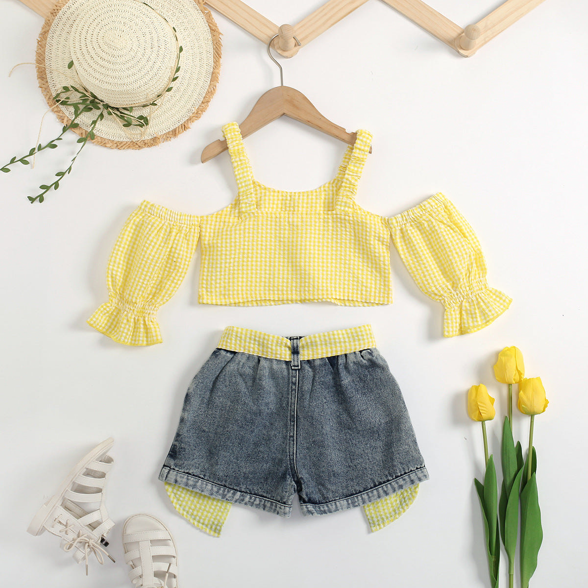 Summer Strap Puff Sleeve Sweet Two-piece Children's Suit