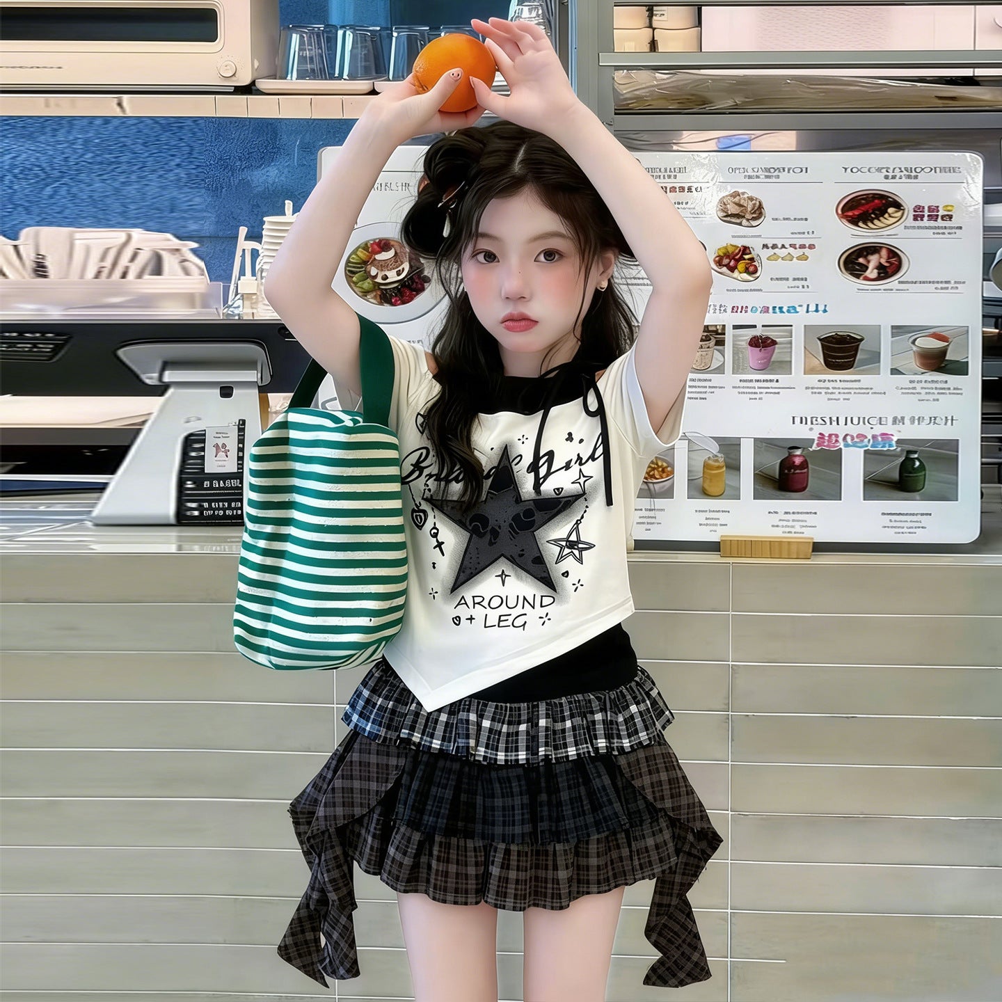 Children's Summer Fried Street Thin Short Sleeve Lace Tartan Children's Suit