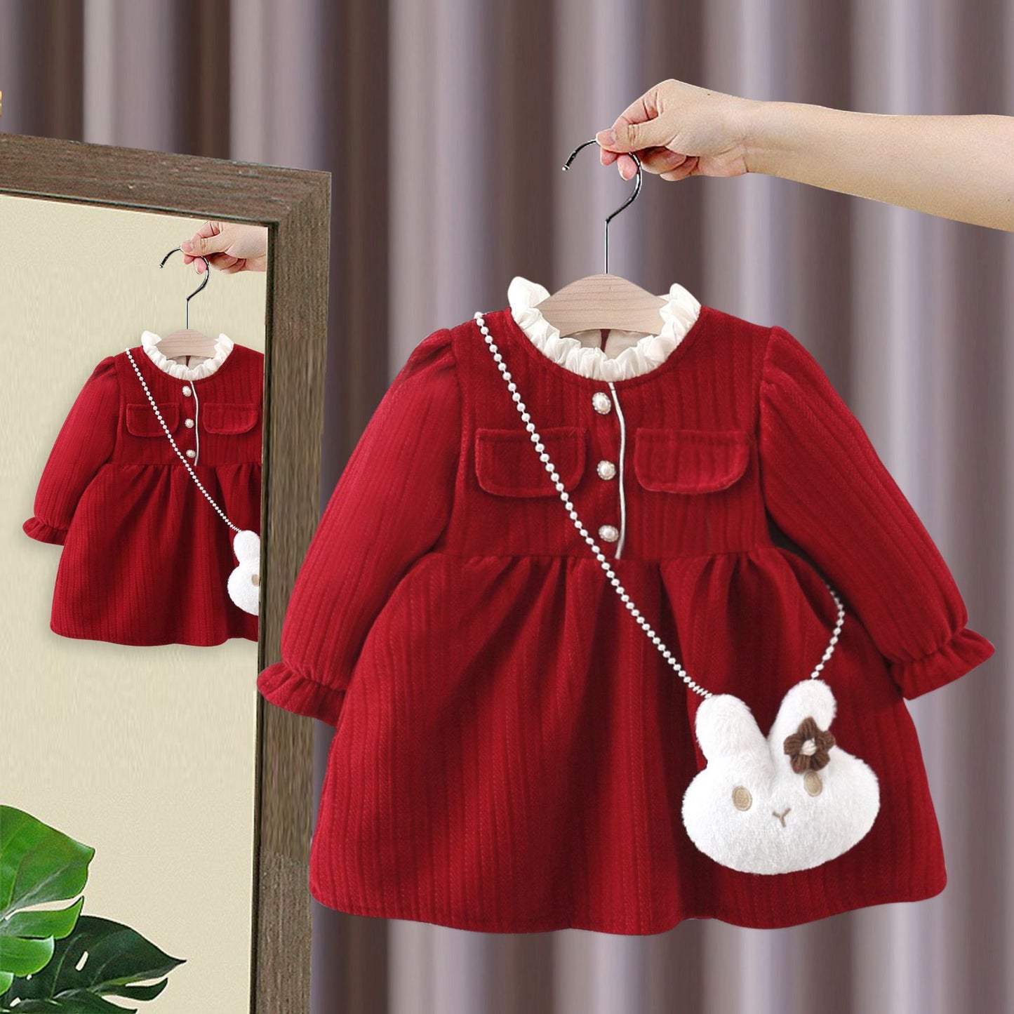 Children's Clothing Red Fleece-lined Padded Princess Children's Dress