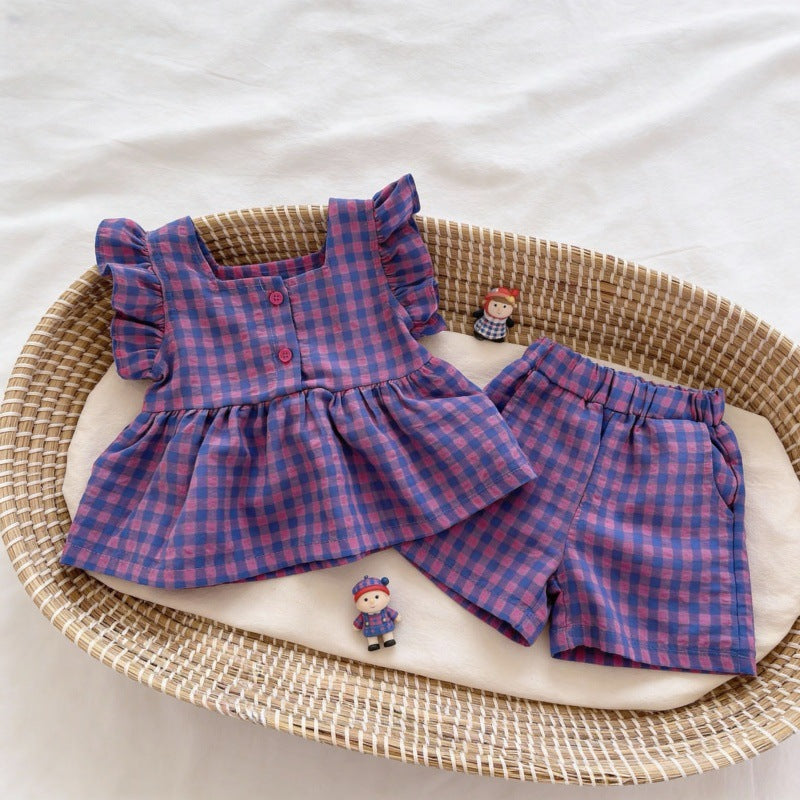 Summer Flounced Sleeve Plaid Fashion Western Children's Suit