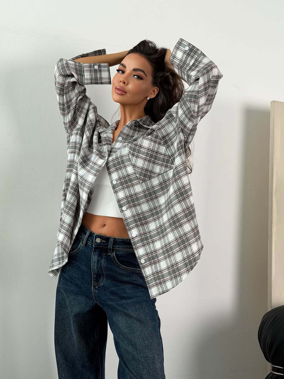 Women's Plaid Shirt Lapel Loose Slimming Mid-length Blouse