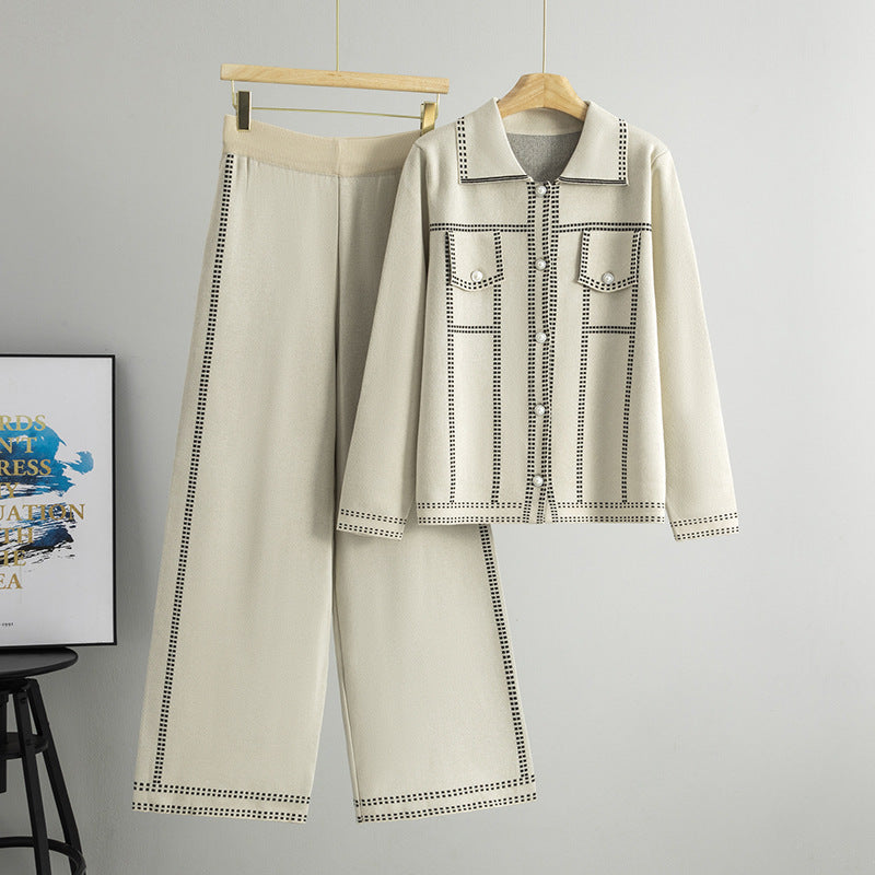 Women's Knitted Long Sleeve Plaid Loose Trousers Two-piece Fashion Casual Suit