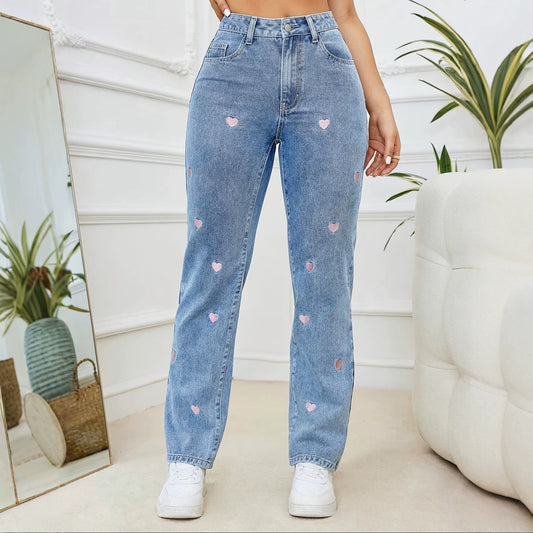 Women's Love Embroidered Straight Loose Elastic Denim Women's Jeans