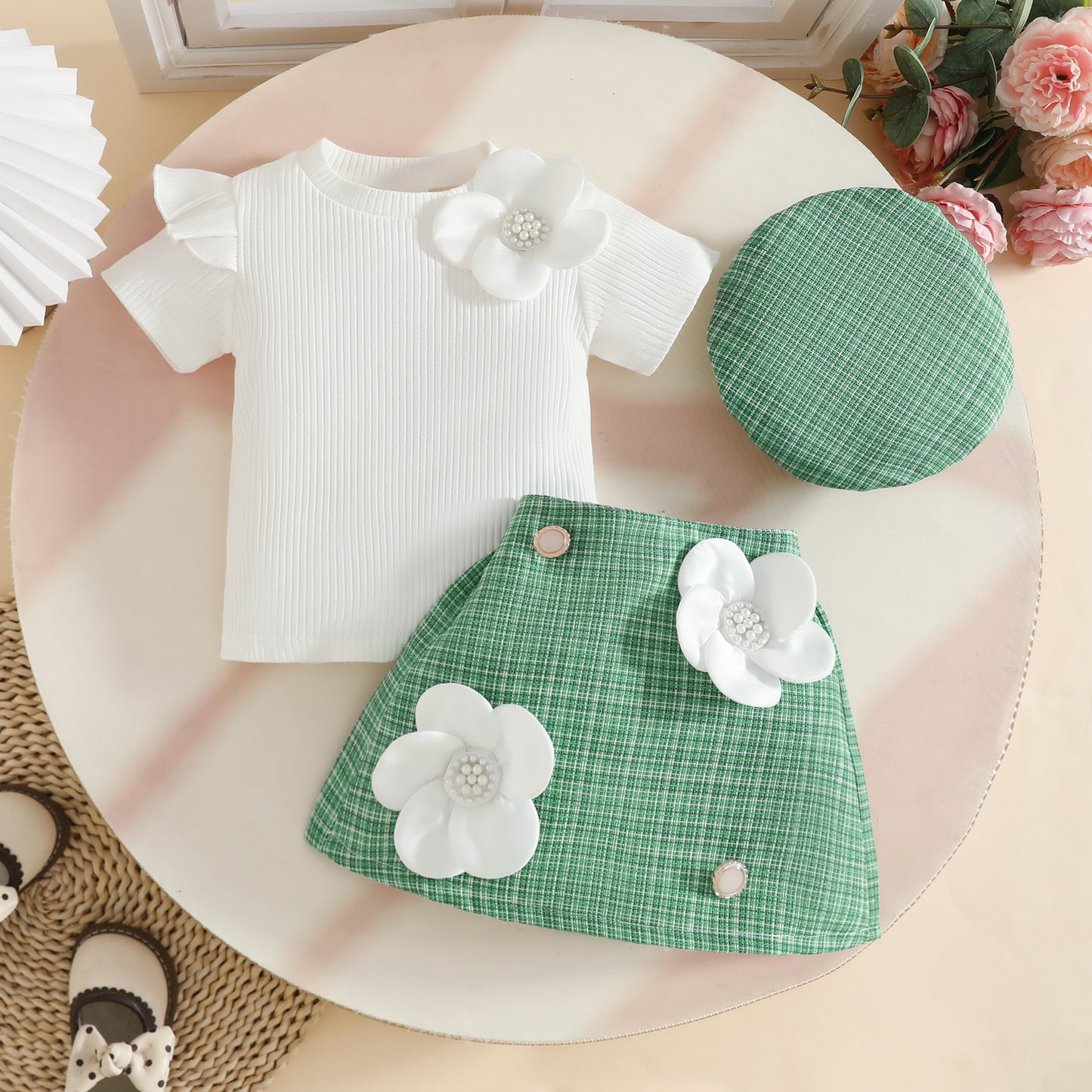 Summer Short Sleeve Skirt Beret Sunken Stripe Short-sleeved Children's Suit