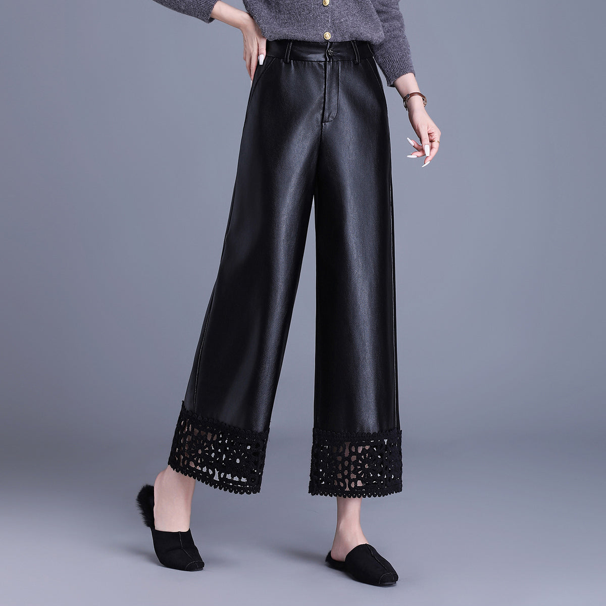 Women's Stitching Leather High Waist Loose Slimming Pants