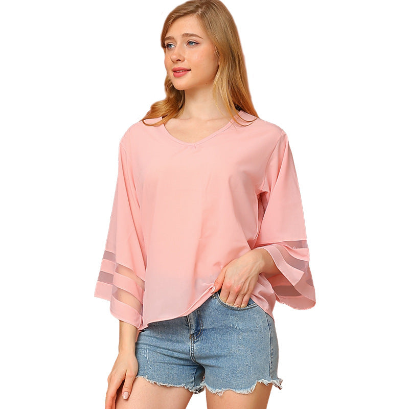 Women's Loose Mesh Stitching Sweet Fresh Style Lace Shirt, Chiffon Shirt