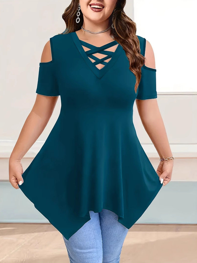 Women's Collar Cross Strap Sleeve Solid Color Tops