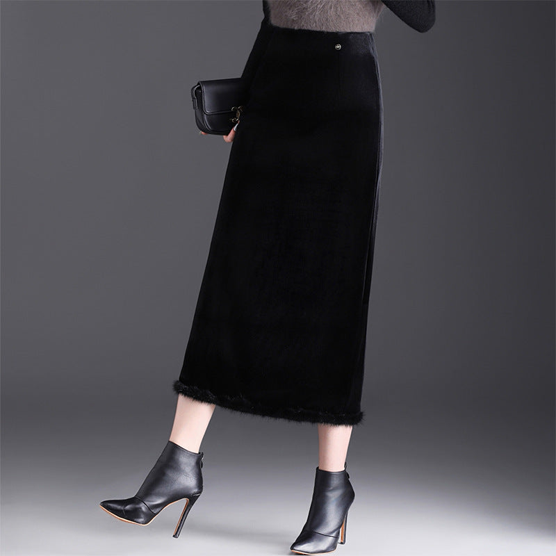 Women's Veet Fur Stitching Winter High Waist Skirts