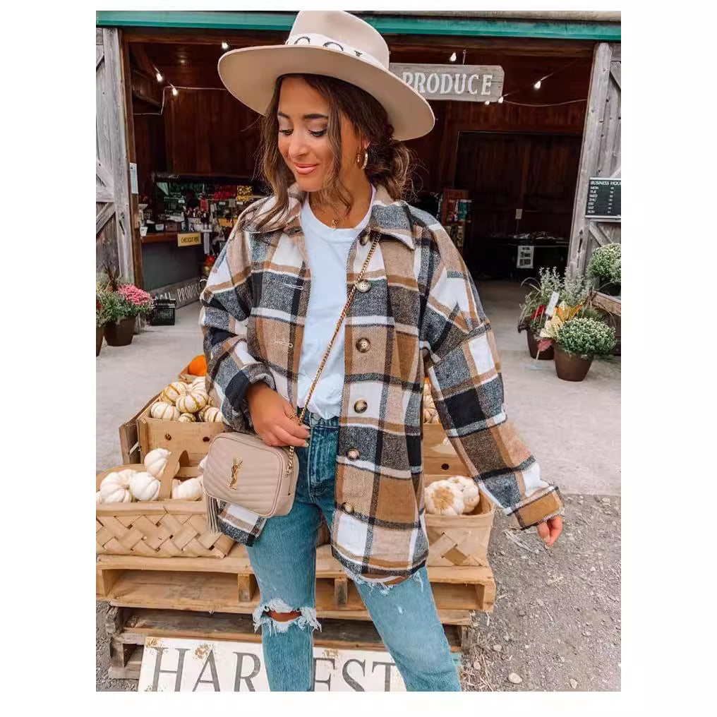 Women's Long Sleeve Lapel Loose Plaid Shirt Coats