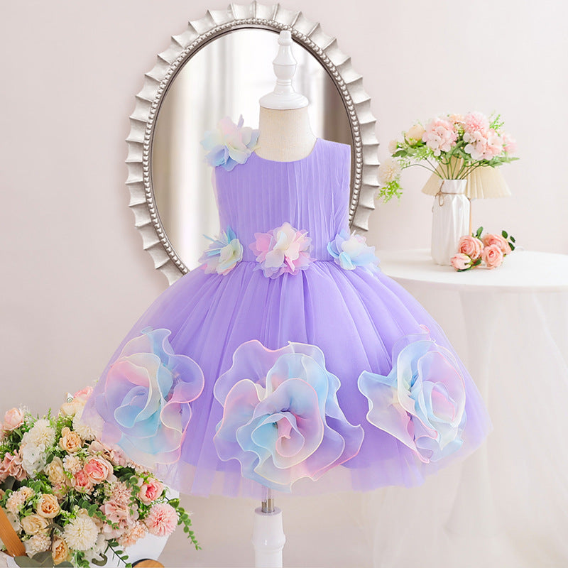 Colorful Flower Mesh Princess Little Wedding Dinner Children's Dress
