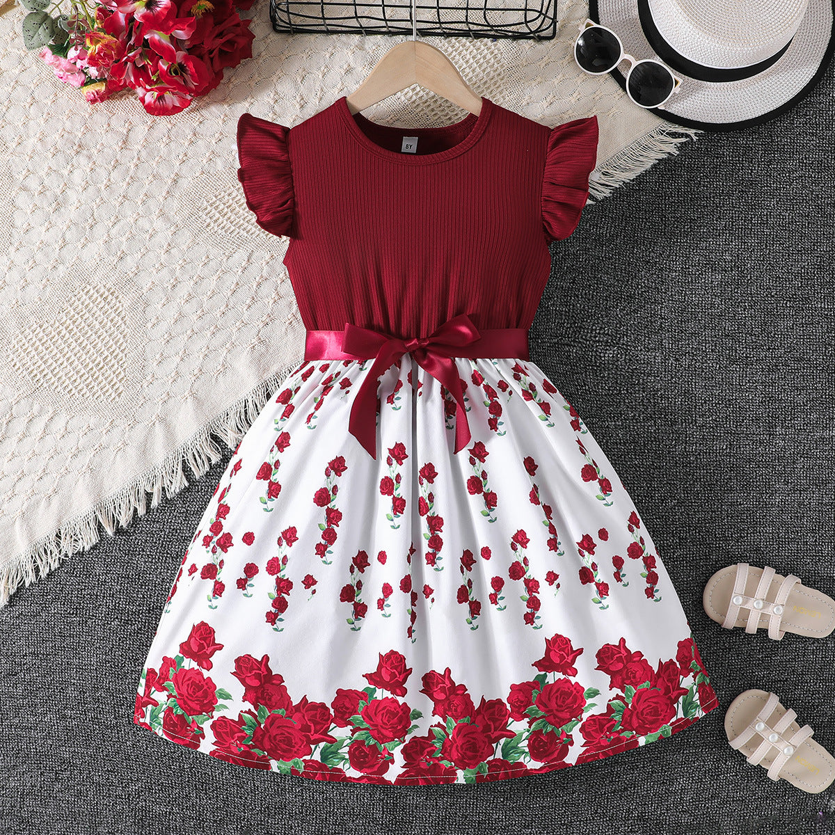 Summer Rose Printed Skirt Round Neck Children's Dress