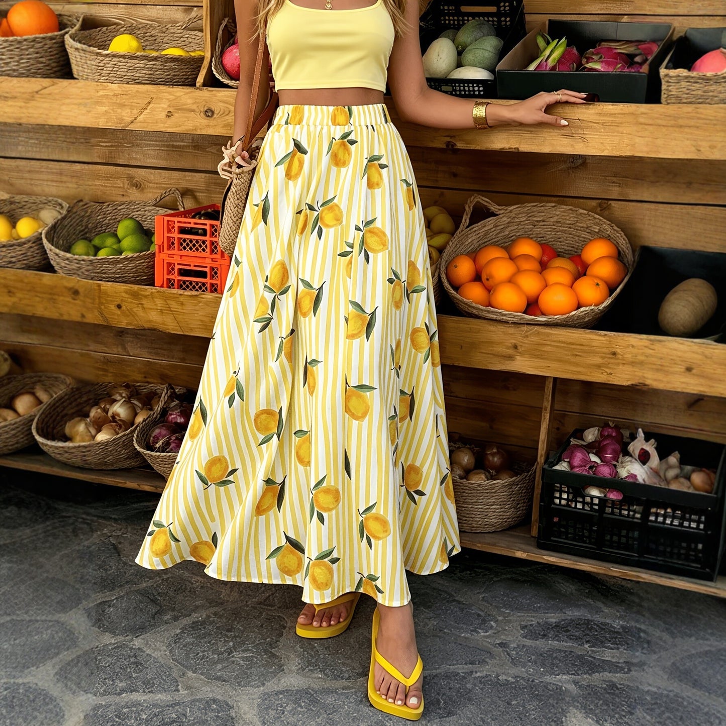 Women's Fruit Printed A- Line Loose Beach Skirt