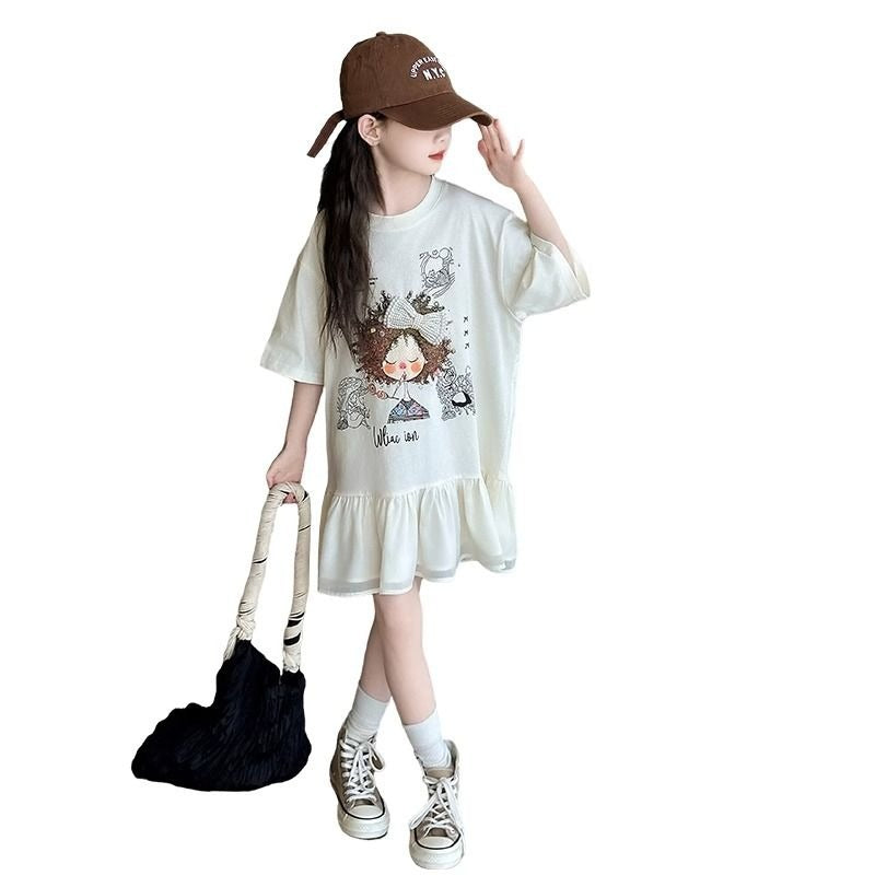 Women's & Children's Cotton Summer Western Style Cartoon T-shirt Skirt Teenager Clothing Children's Dress