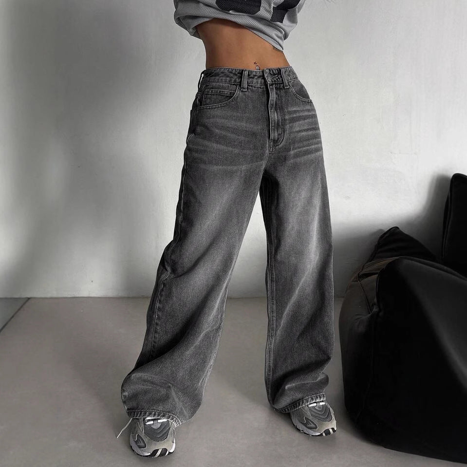 Women's Gray Distressed Autumn Design High Waist Slimming Washed Jeans