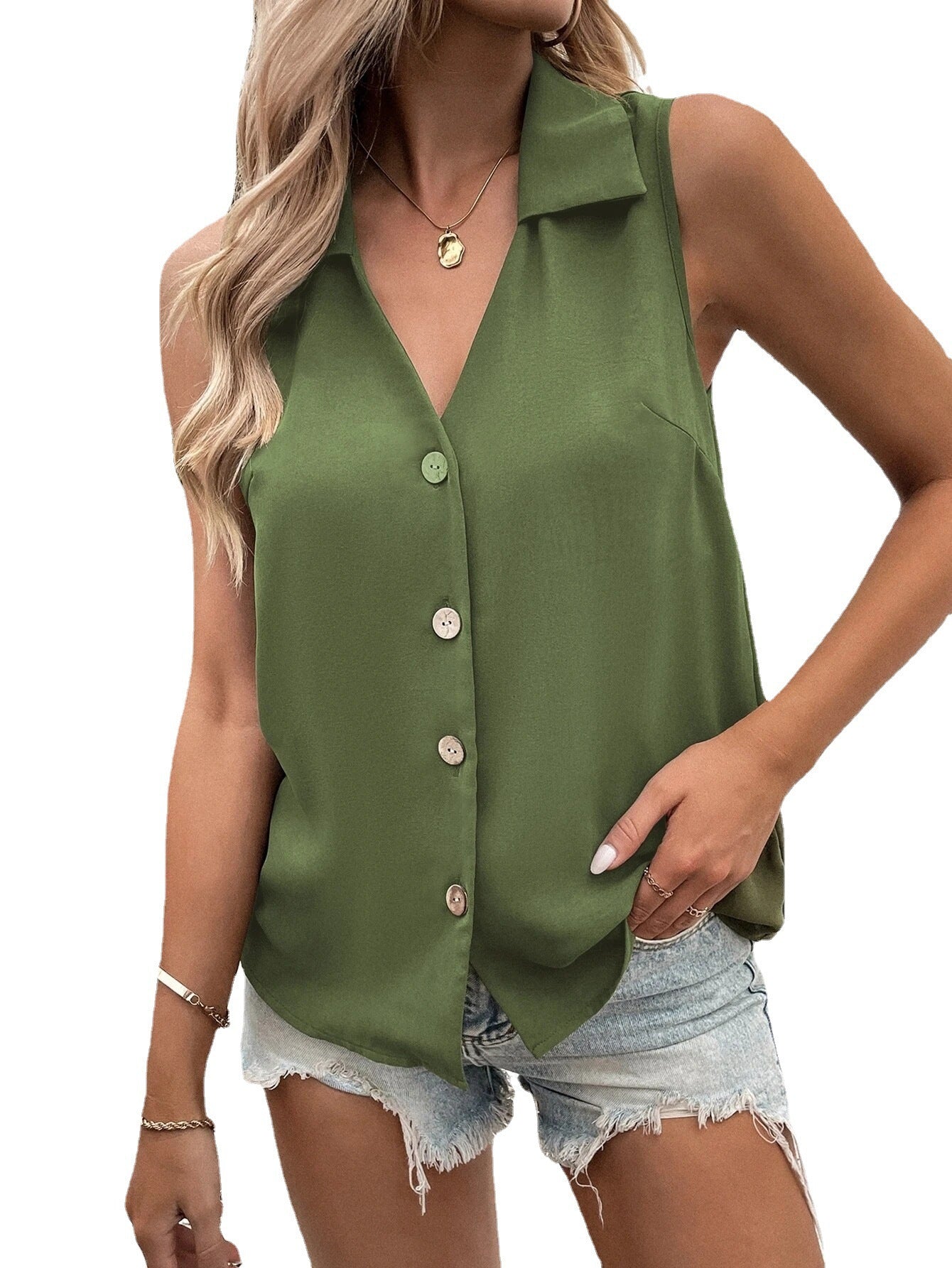 Women's Summer Solid Color Loose Sleeveless Button Clothing