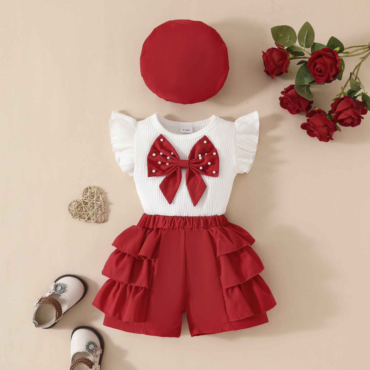 Big Bow Sleeveless Sunken Stripe Top Lace Shorts Beret Children's Suit