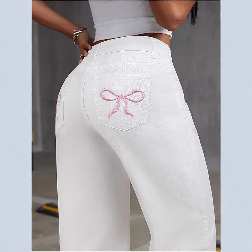 Women's Embroidered High Waist Straight Loose Trousers Women's Jeans