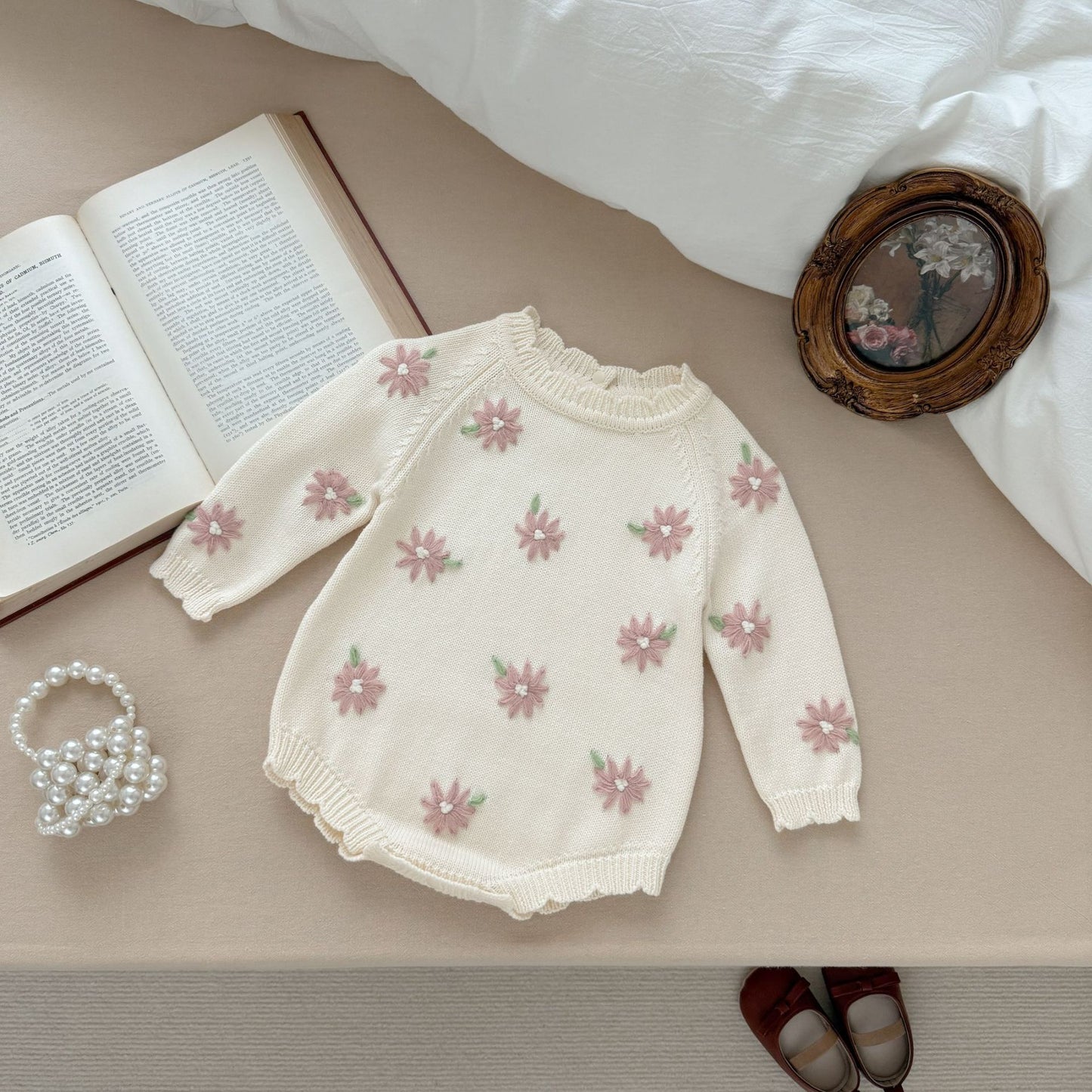 Knitted One-piece Romper Cotton Handmade Embroidery Daisy Jumpsuit, Climbing Suit