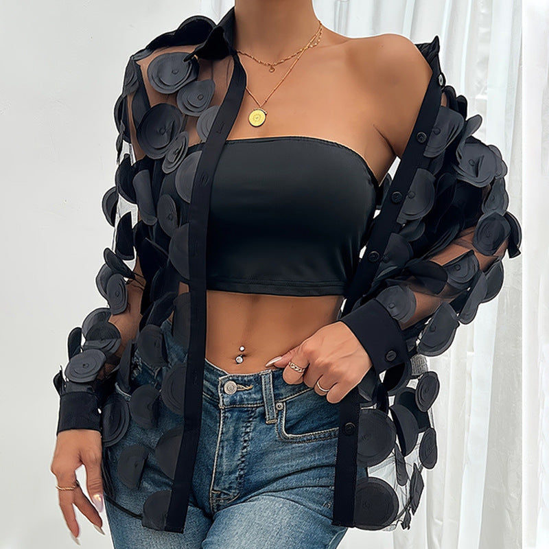 Women's Long Sleeve Fashion Gauzy Shirt Three-dimensional Flower Decoration Tops