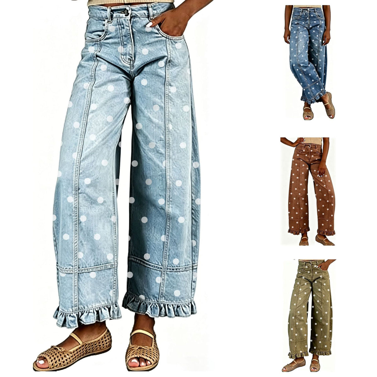Women's Waist Polka-dot Ruffled Design Sense Fashion Jeans