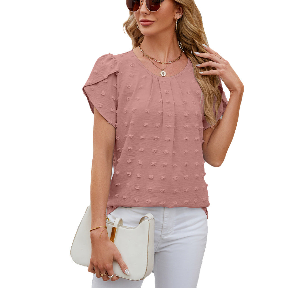 Jacquard Round Neck Petal Sleeve Solid Lace Shirt, Chiffon Shirt